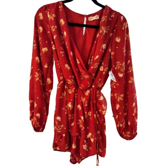 NWT Altar’d State Floral Romper, Long Sleeve Ruffle Detail, Cherry&Tan, Small - Picture 3 of 7